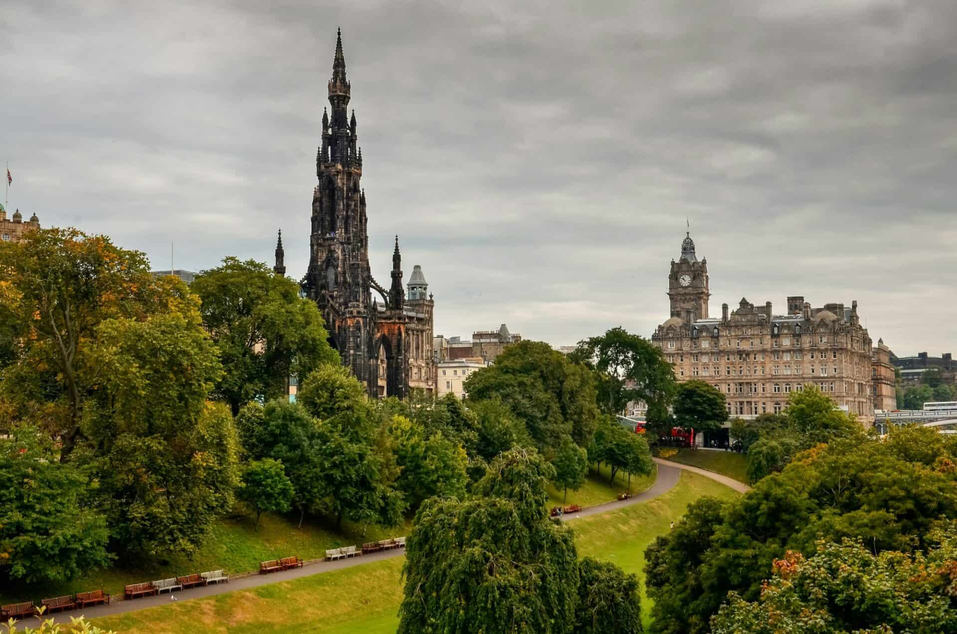 Edinburgh city with cathedral tower and a park, Scotland